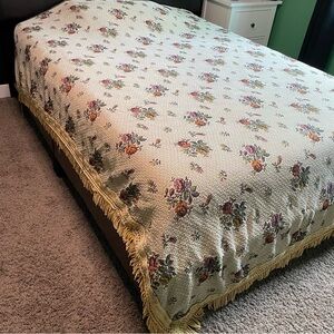Vintage 50s Floral Brocade Twin Bedspread with Fringe
